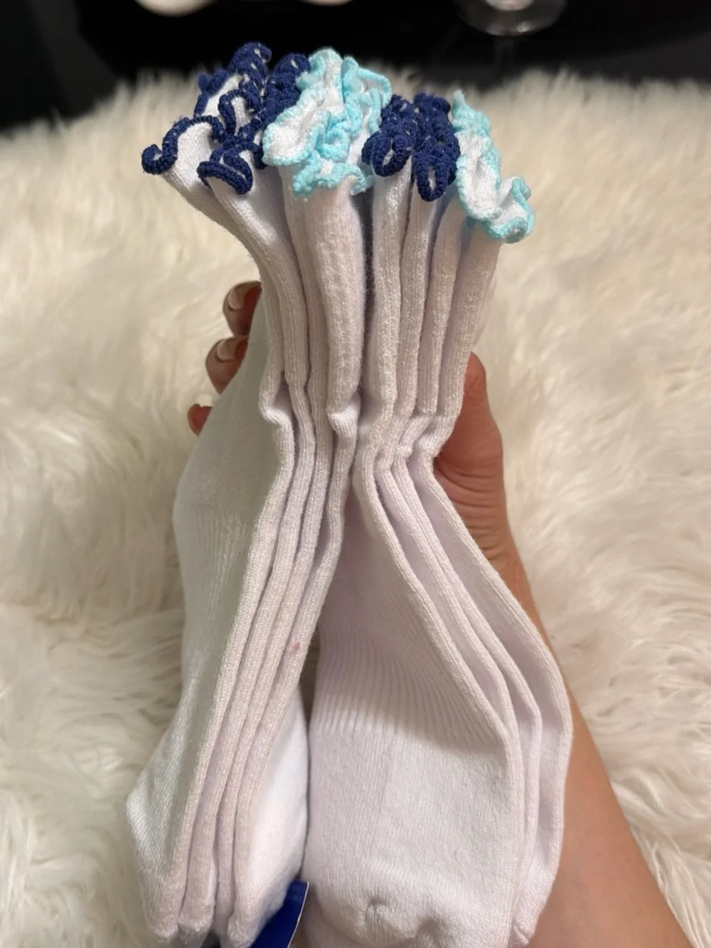 JoyLab White Ankle Socks with Navy Ruffle Trim